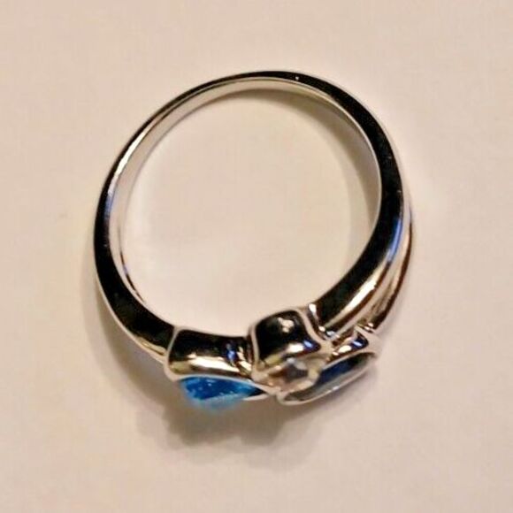 Silver 3 Three Blue Clear Stone Ring Size 8 Triangle Oval - Picture 7 of 9